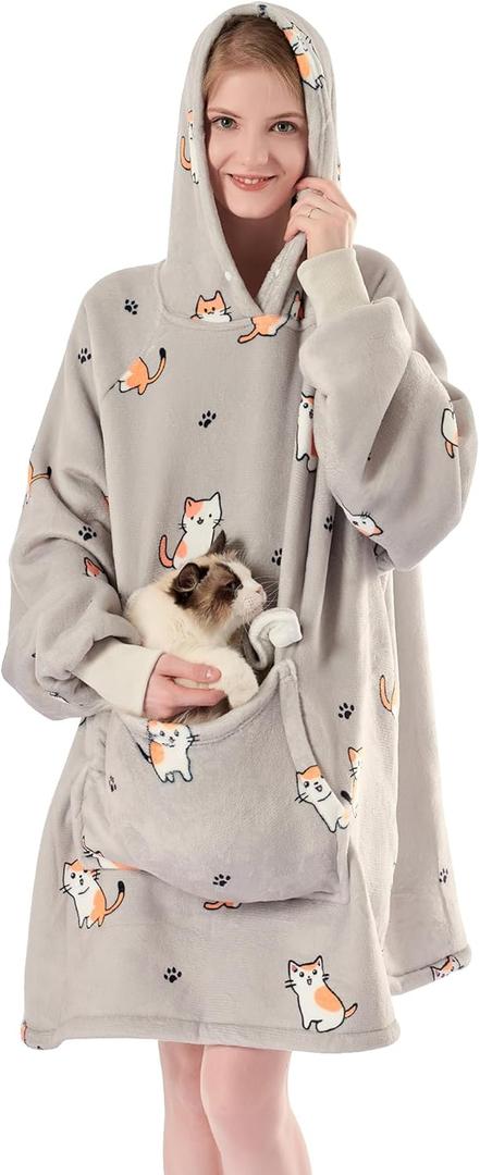 Krifey Wearable Blanket Hoodie, Oversized Sherpa Fleece Sweatshirt with Giant Pocket, Birthday Gifts for Women, Mom, Sister, Chill Cat