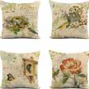 Set of 4 Linen Throw Pillow Covers 18x18 Inch Vintage Bird Nature Floral Home Decor Pillowcase Square Cushion Cover for Sofa Bed Couch