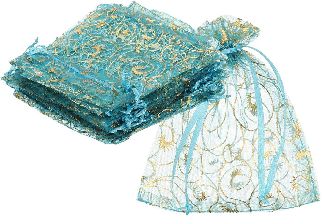 MECCANIXITY Organza Bags, 50Pcs 3.9x4.7 Inch Candy Mesh Bag with Drawstring Jewelry Gift for Party Favor Pouch Christmas Wedding Festival Small Gift, Lake Blue