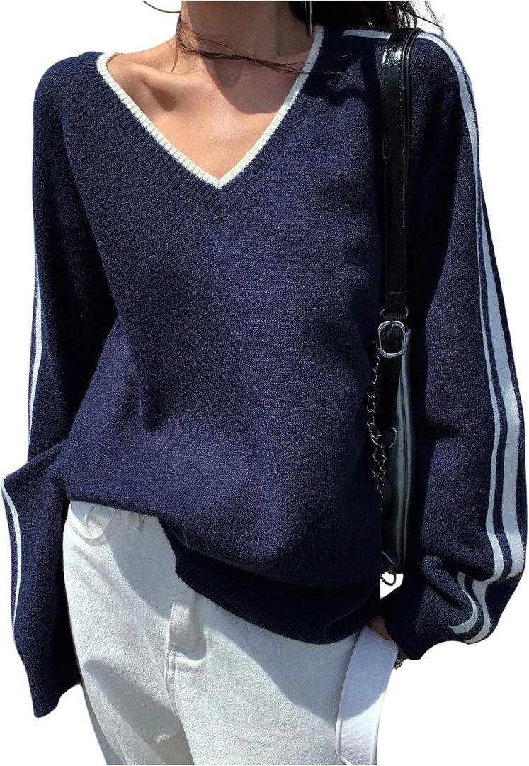 MakeMeChic Women's Striped V Neck Sweater Long Sleeve Knit Winter Pullover Tops (Blue, L)
