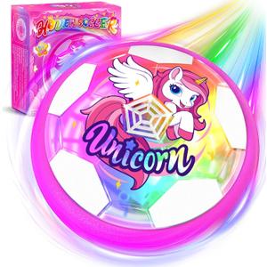 Unicorn Hover Soccer Ball for Girls, Light Up Air Floating Toys for Girls Age 3 4 5 6 7 8 9 10 11 12, Indoor Toy Birthday Gifts, Kids Games with LED Lights Foam Bumper, Kids Stocking Stuffers