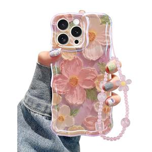 Jusy Oil Painting Flower Compatible with iPhone 12 Pro Case, with Bracelet Chain, Colorful Retro Floral Cute Curly Wave Frame Women Girls-Pink