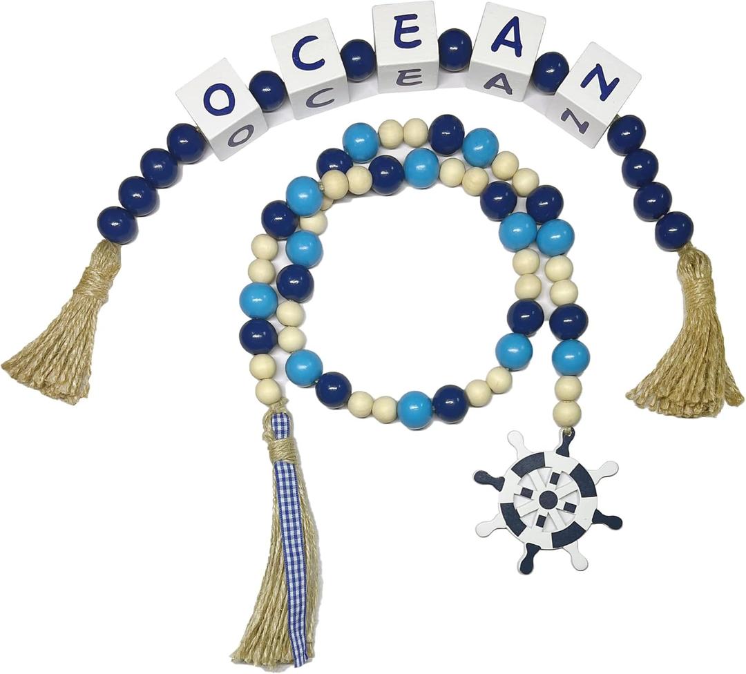 2 Pieces Ocean Letter Block Bead Garland with Tassels Wood Bathroom DecorBlue Nautical Marine Beach Rope Beads Garland Farmhouse Decoration Tiered Tray Table Decor Set