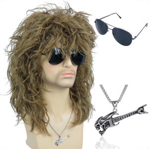 Morvally Men's Women 80s Rocker Mullet Wig with Glasses and Necklace - Long Blonde Curly Glam Rock-Rockstar Wig - Perfect for Halloween, Cosplay, DIY Themed Costume Party