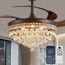 48" Chandelier Ceiling Fan - Crystal Fandelier, Retractable Ceiling Fan with Light, Remote and App Control, 3 Color Dimmable LED, Reversible DC Motor, for Bedroom, Living Room (Brown)