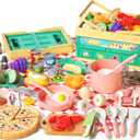 80pcs Pretend Play Kitchen Set for Toddlers, Kids Cookware Playset with Pots/Pans/Food/Fruits/Vegetables/Picnic Blanket/Storage Basket, Pink Educational Learning Toy Gift for Boys & Girls