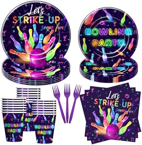 YJRJSC Bowling Birthday Party Supplies - Bowling Party Decorations Tableware, Paper Plate, Cup, Napkin, Fork, Strike Up Some Fun Bowling Ball Birthday Baby Shower Decorations Dinnerware | Serve 24