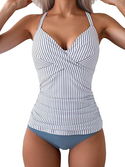 Womens Tankini Swimsuits Ruched Tummy Control Bathing Suits 2 Piece V Neck Wrap Tie Back Swimwear 2XL