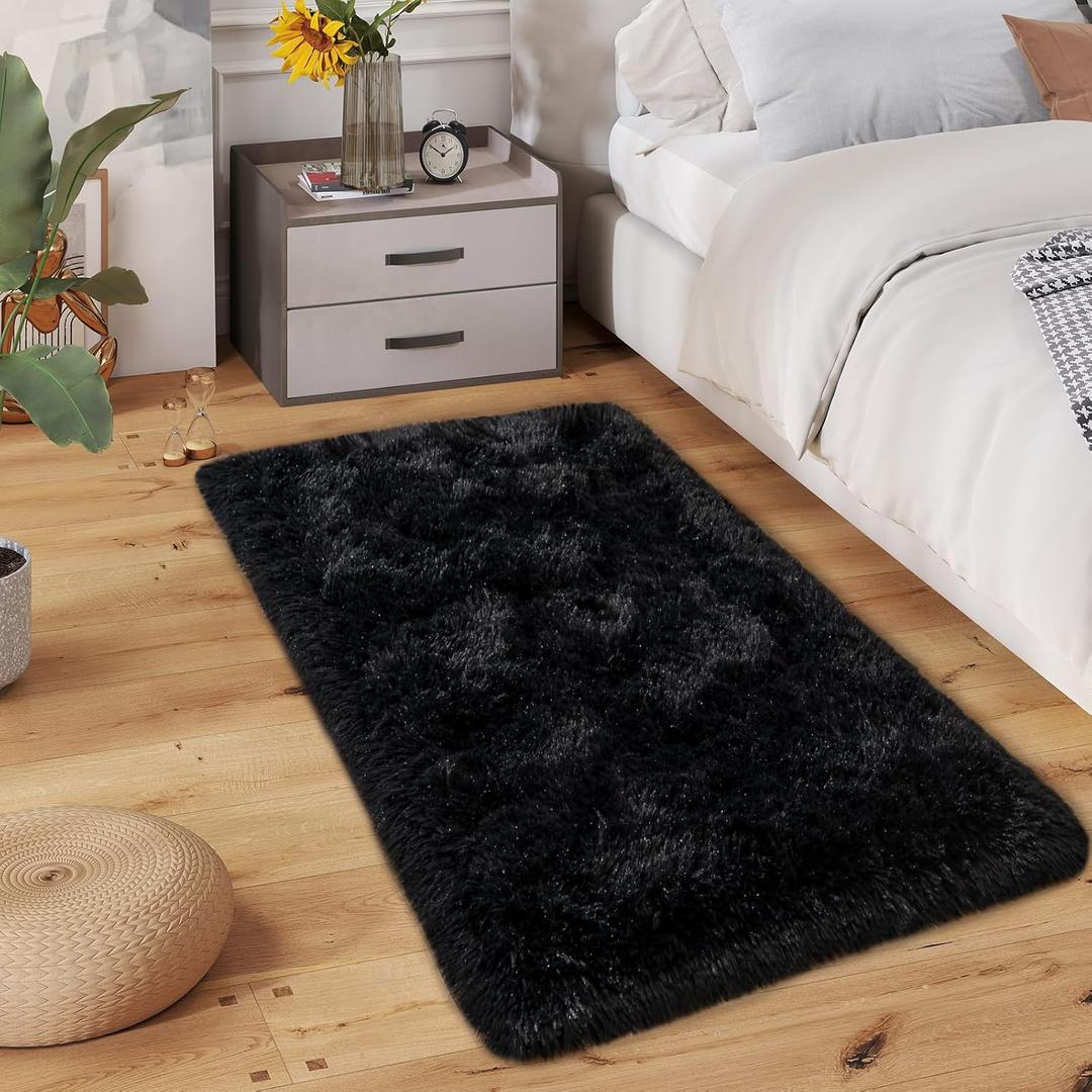 Super Fluffy Runner Rug for Bedroom, Modern Shag Black Area Rugs, Soft Plush Throw Carpet for Kids,Girls Boys and Teens Bedside Room Decor for Living Room Dorm Nursery Classroom, 2x4 Feet