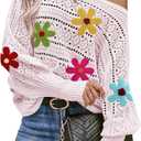Cakulo Womens Off Shoulder Sweater Top Fall Outfits 2025 Oversized Knit Batwing Long Sleeve Crochet Sweaters Flower Pink Small