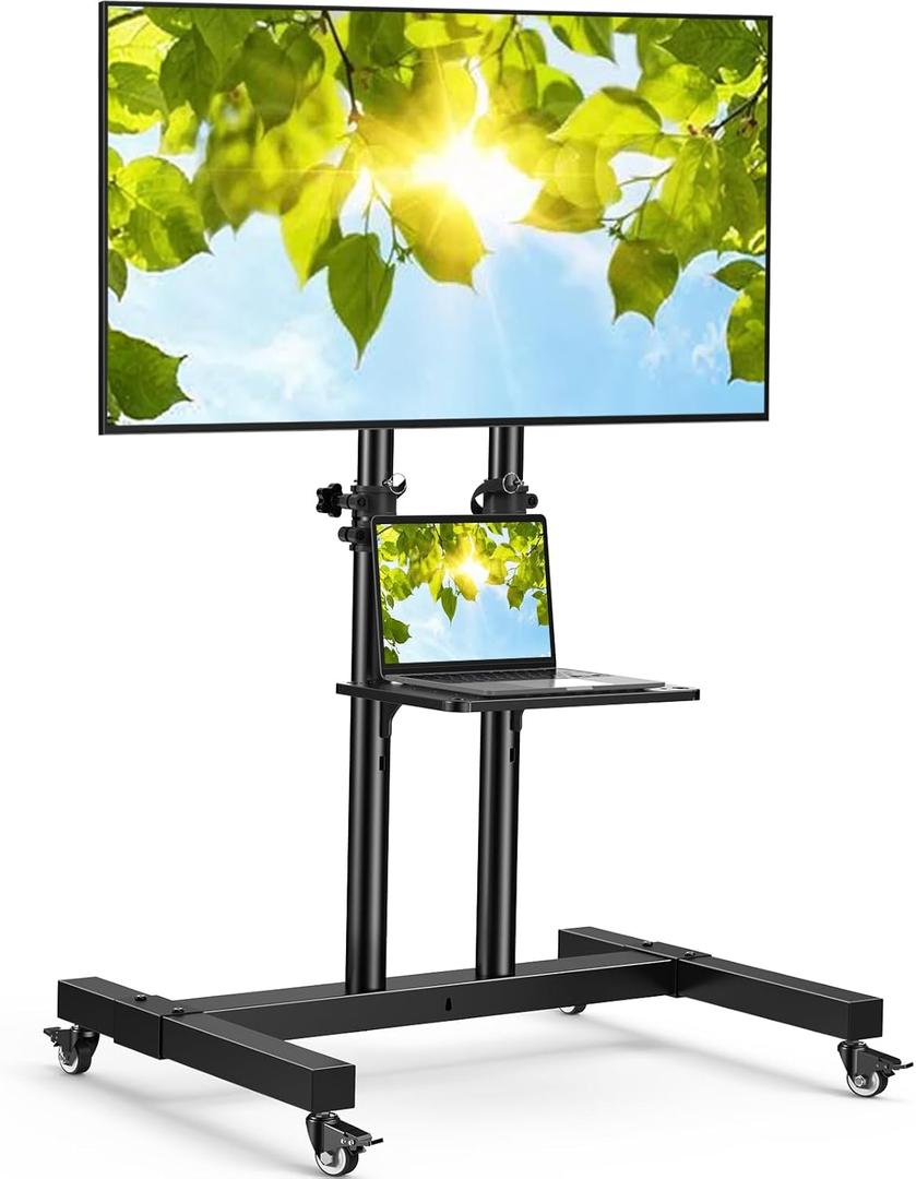 PERLESMITH Rolling TV Stand on Wheels for 32-83 Inch Screens up to 110lbs, Mobile TV Cart Height Adjustable Portable Outdoor TV Stand Tilt Rolling TV Cart with Shelf Max