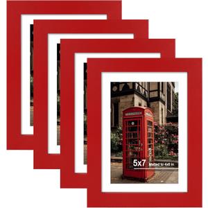 5x7 Picture Frame Set of 4, High Definition Real Glass, Display Pictures 4x6 with Mat or 5x7 Without Mat, Gallery Wall Hanging or Tabletop Photo Frames, Red