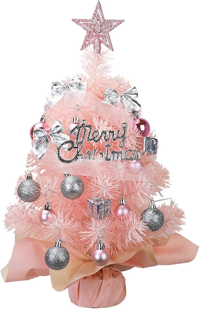 Tabletop Christmas Tree, 17.7 Inches Small Prelit Christmas Tree with Lights Christmas Ball Ornaments, Star Tree, Mini Tabletop Xmas Tree for Home Party Holiday Xmas Decor (Pink