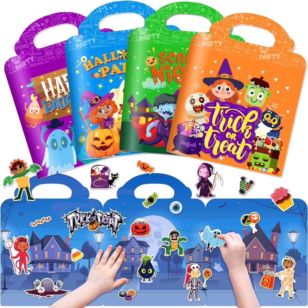 4 Sets Halloween Reusable Sticker Books for Toddlers 1-3, Activities Books Crafts for Kids 2-4, Removable Jelly Stickers for Girls Boys 3-5, Travel Toys Holiday Gifts Halloween Basket Stuffers