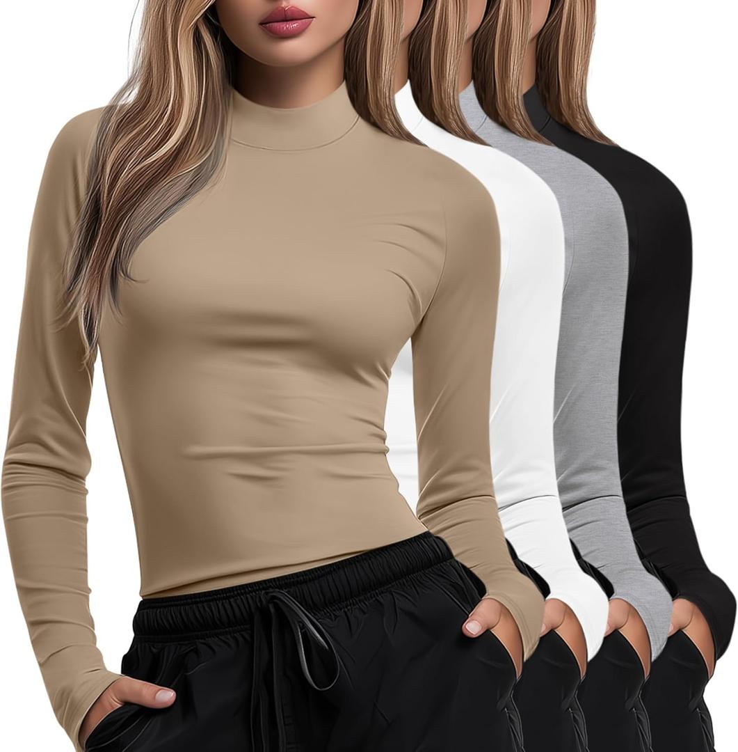 Xaatren 4 Pack Women's Long Sleeve Underscrub Shirt Mock Neck Slim Fit Tops Lightweight Thermal Base Layer Scrubs Undershirts (M)
