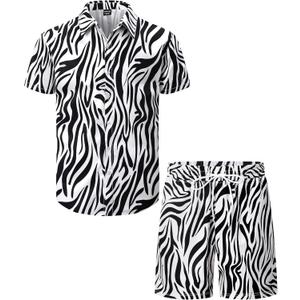 Mens Hawaiian Print Shirts and Shorts Sets Casual 2 Piece Outfits Summer Tracksuit, M-4XL (XX-Large, Zebra)