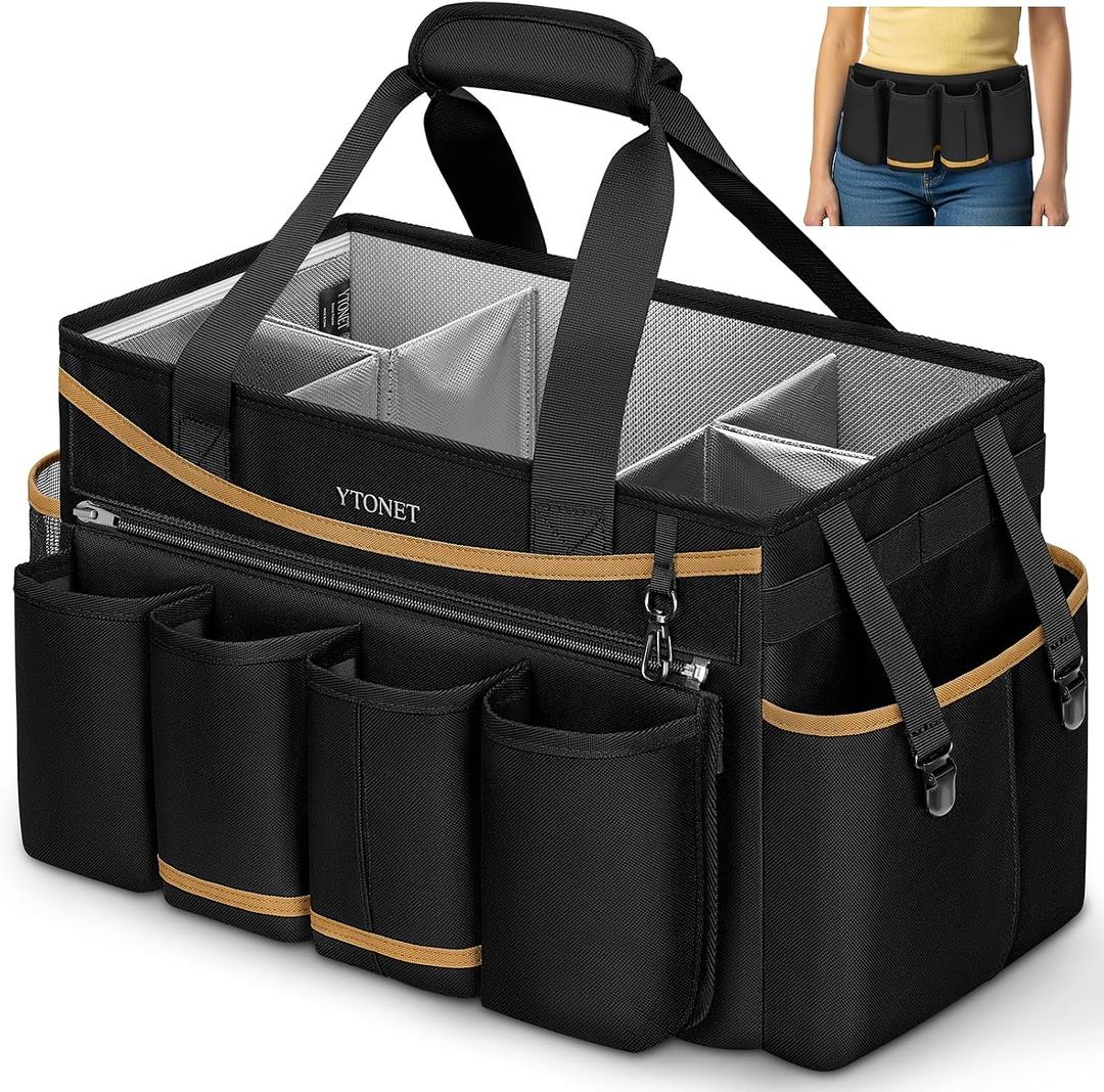 Ytonet Extra Large Cleaning Caddy Bag with Detachable Apron, Cleaning Supplies Organizer with Foldable Dividers, Portable Cleaner Tote with Handle, Cleaner Caddy for Housekeeper, Black