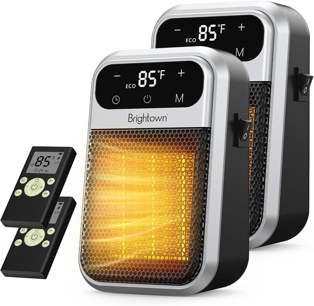 Brightown 2Pack Outlet Space Heater - 800W Plug in Heater with Remote and Touch LED Display, Small Electric Wall Heaters for Indoor Use with Adjustable Thermostat, 12H Timer for Home Office (Silver)