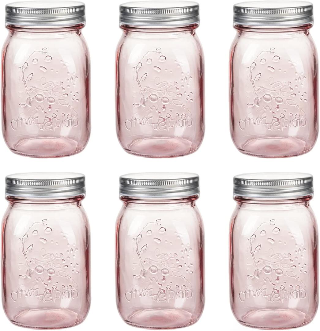 Amzcku 16 oz Rose Pink Mason Jars with Lids, 6 Pack Regular Mouth Quart Canning Jar, Safe For Storage, Canning, Pickling, Preserving, Fermenting, DIY Crafts & Decor
