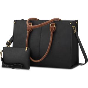 LOVEVOOK Laptop Tote Bag for Women, 15.6 Inch Large Capacity Vintage Leather Work Computer Bag, Business Casual Shoulder Handbag, Black & Brown