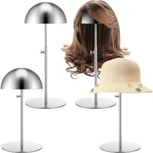 Sintuff 4 Pcs Hat Display Stand 7.9-15.7inch Adjustable Wigs Head Holder Stand Anti Rust Non Slip Stable Stainless Steel Metal Rack for Hat Storage Wig Styling Practice(Silver,Round Base)