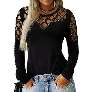Memorose Long Sleeve Shirts for Women Crewneck Sexy Rhinestone Cut Out Tops Sparkle Blouse (X-Large, Black)