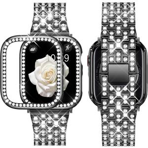 Supoix Compatible with Apple Watch Band 38/40/41/42/44/45/46/49mm+ Case, Women Jewelry Bling Diamond Rhinestone Replacement Metal Bands & 2 Pack PC Protector Case for iWatch Ultra 3/2/1 Series 11/10/9/8/7/6/5/4/3/2/1/SE