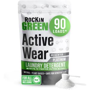 Rockin' Green Laundry Detergent, Plant based, All Natural Laundry Detergent Powder, Vegan and Biodegradable Odor Fighter, Safe for Sensitive Skin (Active Wear 90 Loads - Unscented)