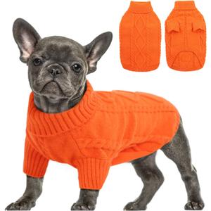 Queenmore Small Dog Pullover Sweater, Cold Weather Cable Knitwear, Classic Turtleneck Thick Warm Clothes for Chihuahua, Bulldog, Dachshund, Pug (Orange, X-Small)