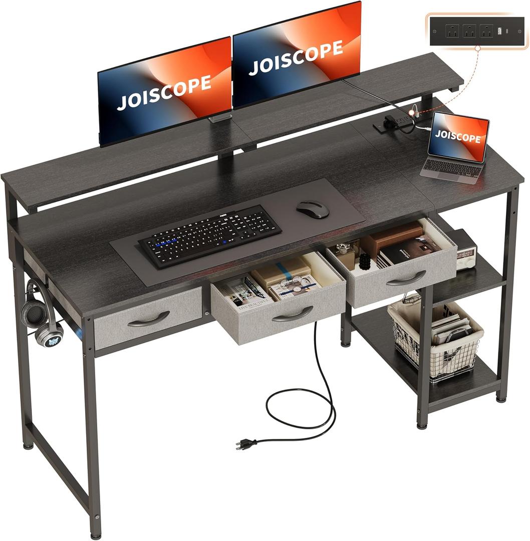 JOISCOPE Home Office Desk with Power Outlets (3AC, USB, Type-C), 55 x  20 Inch Computer Desk with 3 Drawers & Shelves, Laptop Table with Display Riser, Gaming Study Drafting Table for Bedroom, Black
