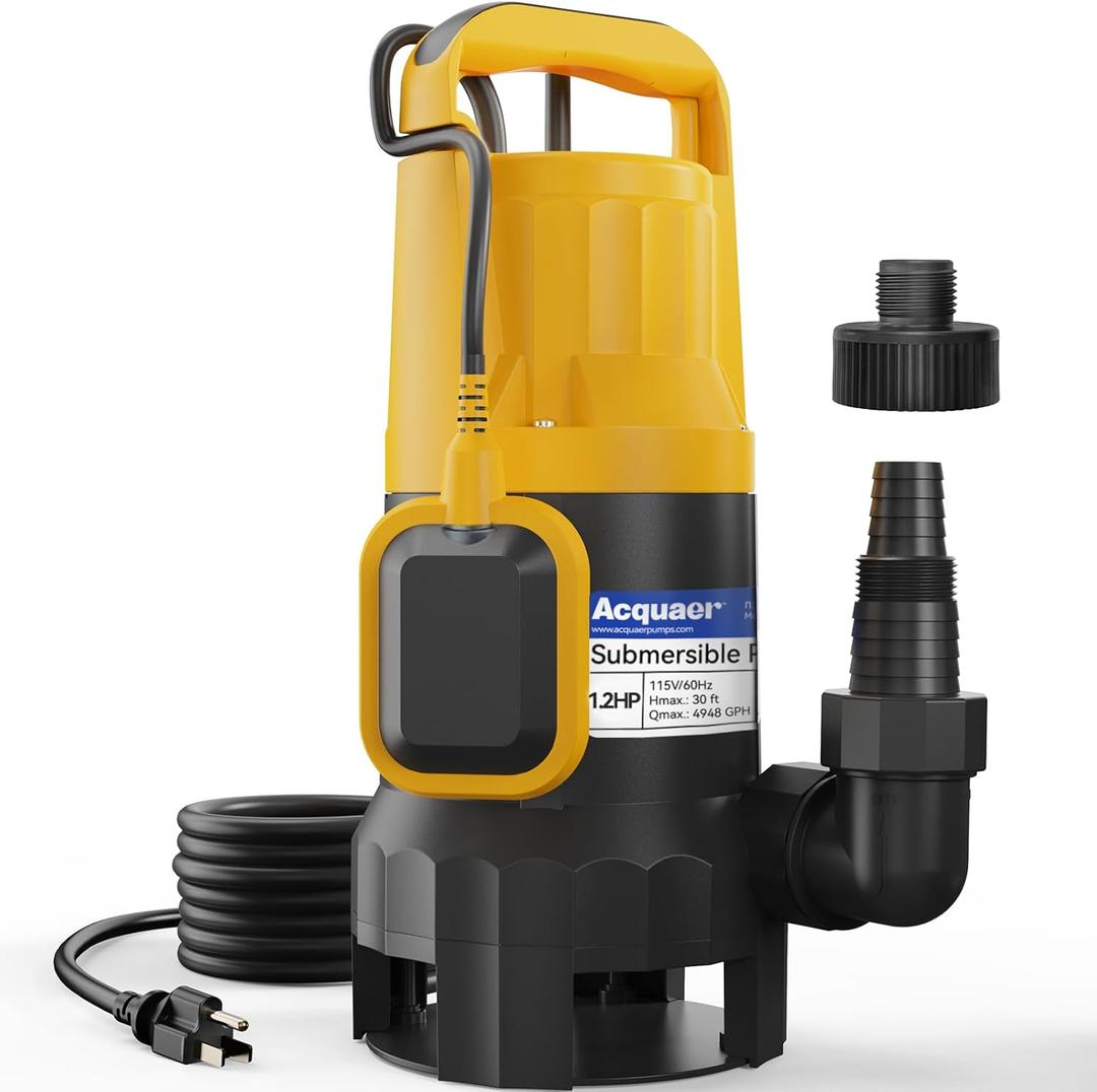 Acquaer Sewage Pump Submersible Water Pump with Automatic Float Switch, for Sump Basin, Residential Sewage, 1.2HP 5722GPH Sump Pump with Float