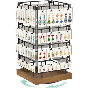 EsLuker.ly Rotating Earring Display Holder Stand for Vendors Events Selling, Large Capacity 64 Hooks Jewelry Rack with Wooden Base for Earring Card Sales, Enhances Retail Display Visibility (Brown+Black)