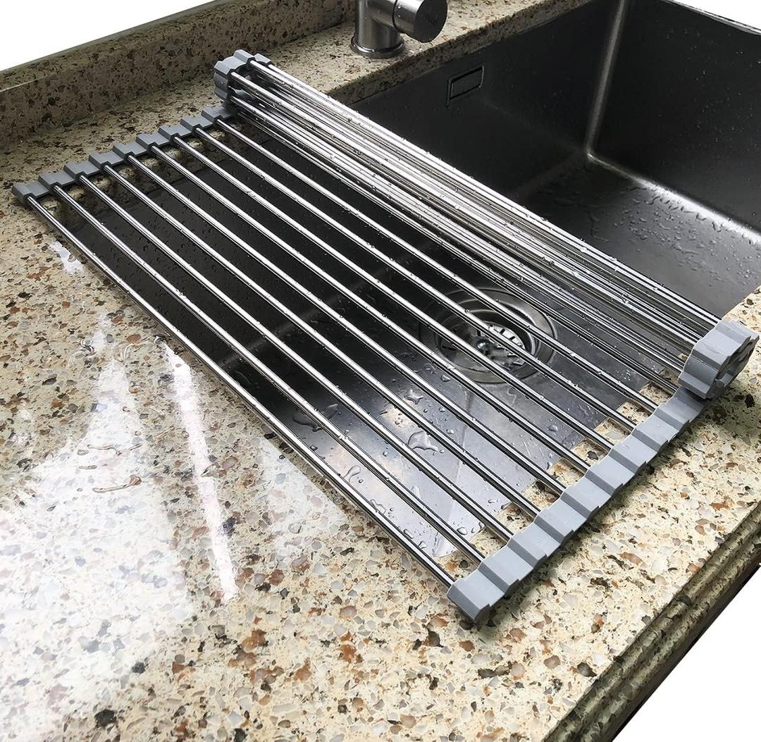 Tomorotec Roll Up Dish Drying Rack, Over The Sink Dish Drying Rack, Portable Stainless Steel Rolling Rack Multipurpose Kitchen Drainer Caddy Organizer Storage Shelf Holder, Gray (17.7" x 11.5")
