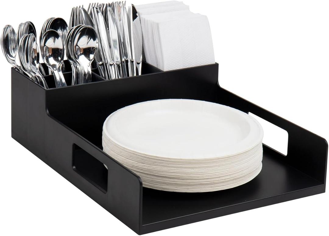 Mind Reader Utensil Napkin & Plate Holder, Silverware Organizer, Serving Tray, Plastic, 11.25" L x 15.25" W x 4.5" H, Black