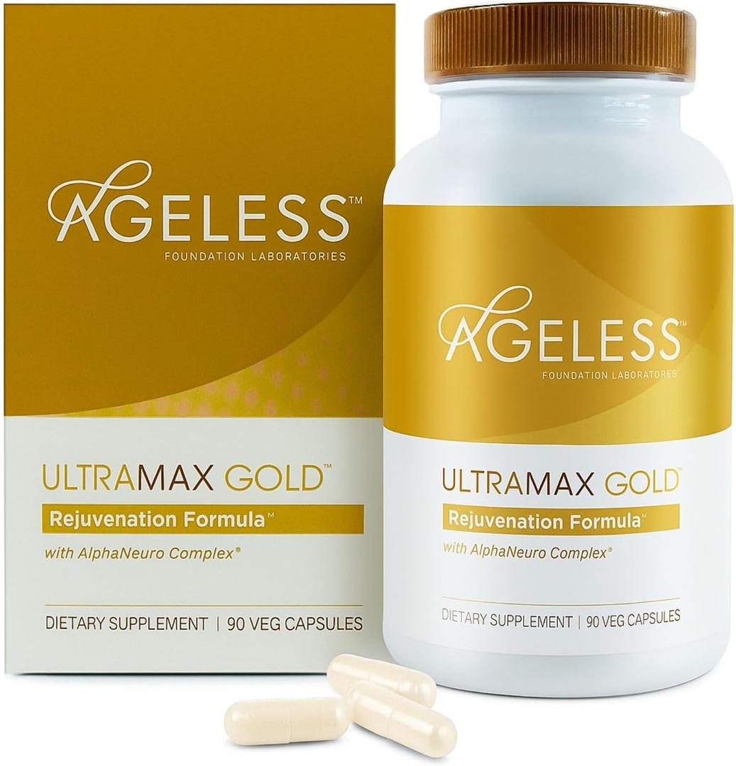 AGELESS: UltraMAX Gold Capsules, HGH Anti-Aging Supplement for Women, Slows Cellular Aging, Supports Immune Health, Smoother Skin Tone and Restorative Sleep, Weight Management, 90 Capsules, EXP: 03/28