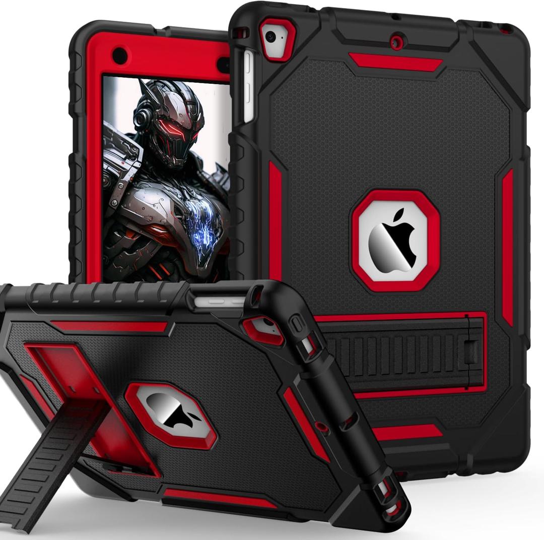 9.7" Case for iPad 6th/5th Generation 2018/2017, for iPad Air 2 / Air 1st / Pro 9.7, Heavy Duty Shockproof Protective 9.7 Inch Cover with Built-in Stand for i Pad 6 5 Gen (Black+Red)