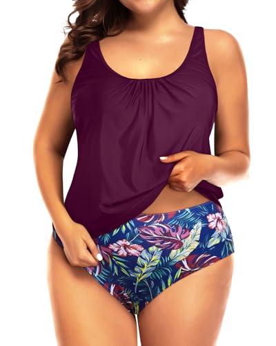 Yonique Plus Size Only 1Piece Swimsuit for Women Blouson Tankini Tummy Control Bathing Suit Purple Leaf 18W