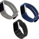 WITHit Designer Replacement Band for Fitbit Charge 2, Gray & Navy Silicone/Black Mesh (3-pack)  Secure, Adjustable, Fitbit Watch Band Replacement, Fits Most Wrists