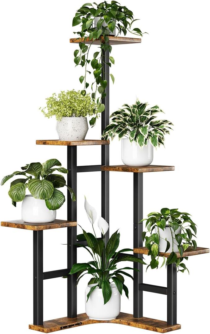 Yzosvki Corner Plant Stand Indoor, 6 Tiered Corner Plant Shelf Flower Stand for Multiple Plants, Plant Shelves Organizer Rack for Living Room, Balcony, Patio, Garden, Square Rustic Brown