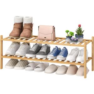 viewcare 2-Tier Long Shoe Rack for Entryway, Natural Bamboo Wood Shoe Rack for Closet & Hallway, Long 33IN | Beautiful | Functional | Sturdy | Durable