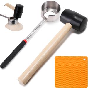Coconut Opener Tool Set, Food Grade Stainless Steel Coco Opener Kit for Coconut Young & Mature, Coconut Shell Puncher Knife, Rubber Hammer with Wood Handle, Silicone Mat Shockproof (3 In 1 Black Hammer Kit)
