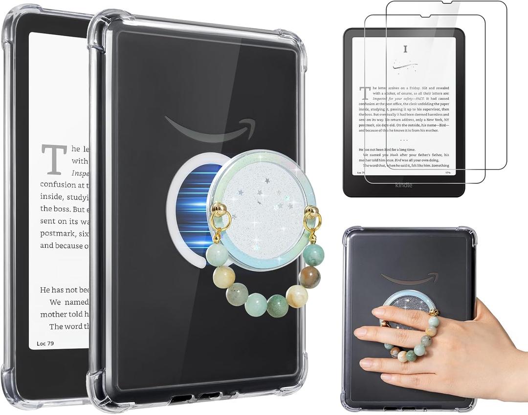 CoBak 3 in 1 Magnetic Clear Case with Ring Grip & Anti-Glare Screen Protector for 7" Kindle Paperwhite 2024 (12th Gen) & Colorsoft, Compatible with iPhone MagSafe, for Belkin/Anker Wireless Charging.