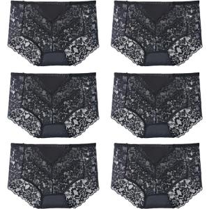 Sexy High Waisted Underwear for Women Plus Size Briefs Breathable Lace Panties High Waisted Cheekster Granny Panties (6pcs-Black)