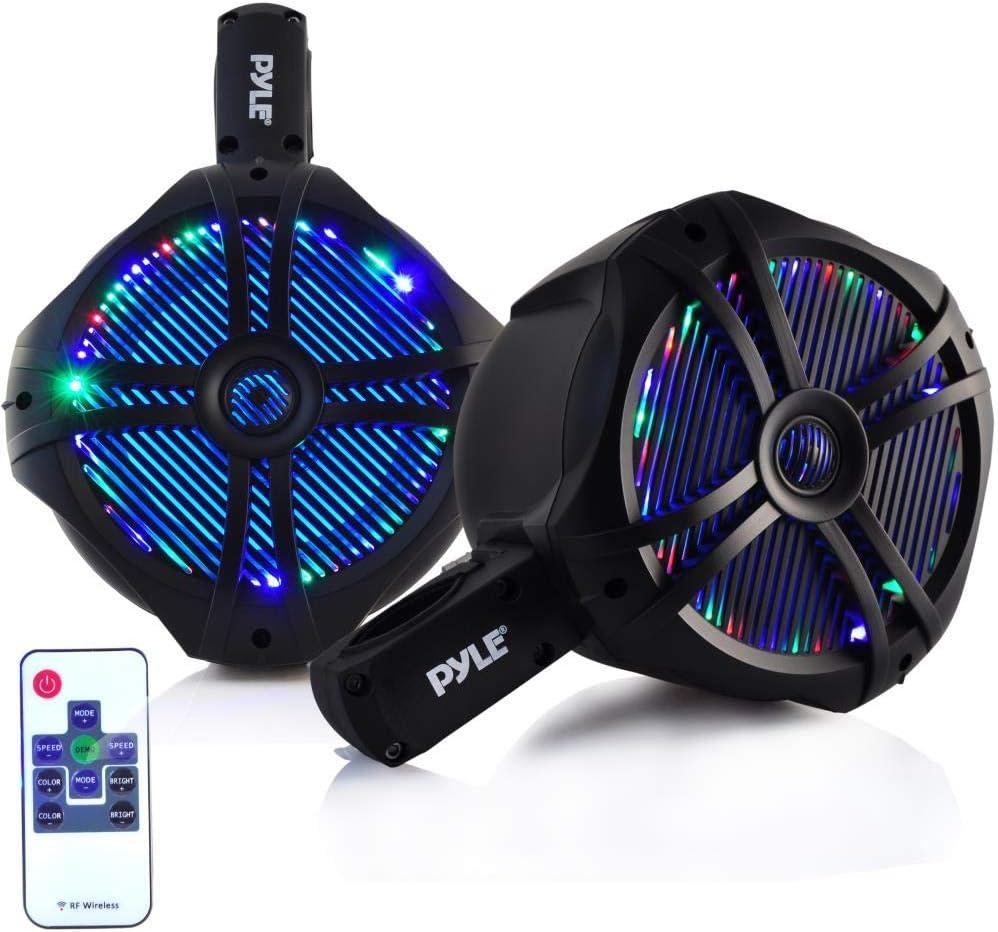 Pyle Waterproof Marine Wakeboard Tower Speakers - 6.5 Dual Subwoofer Speaker Set and 1.0 Tweeters, LED Lights and 200 Watt Power - 2-way Boat Audio System with Mounting Bracket - PLMRWB65LEB (Black) (Blue)