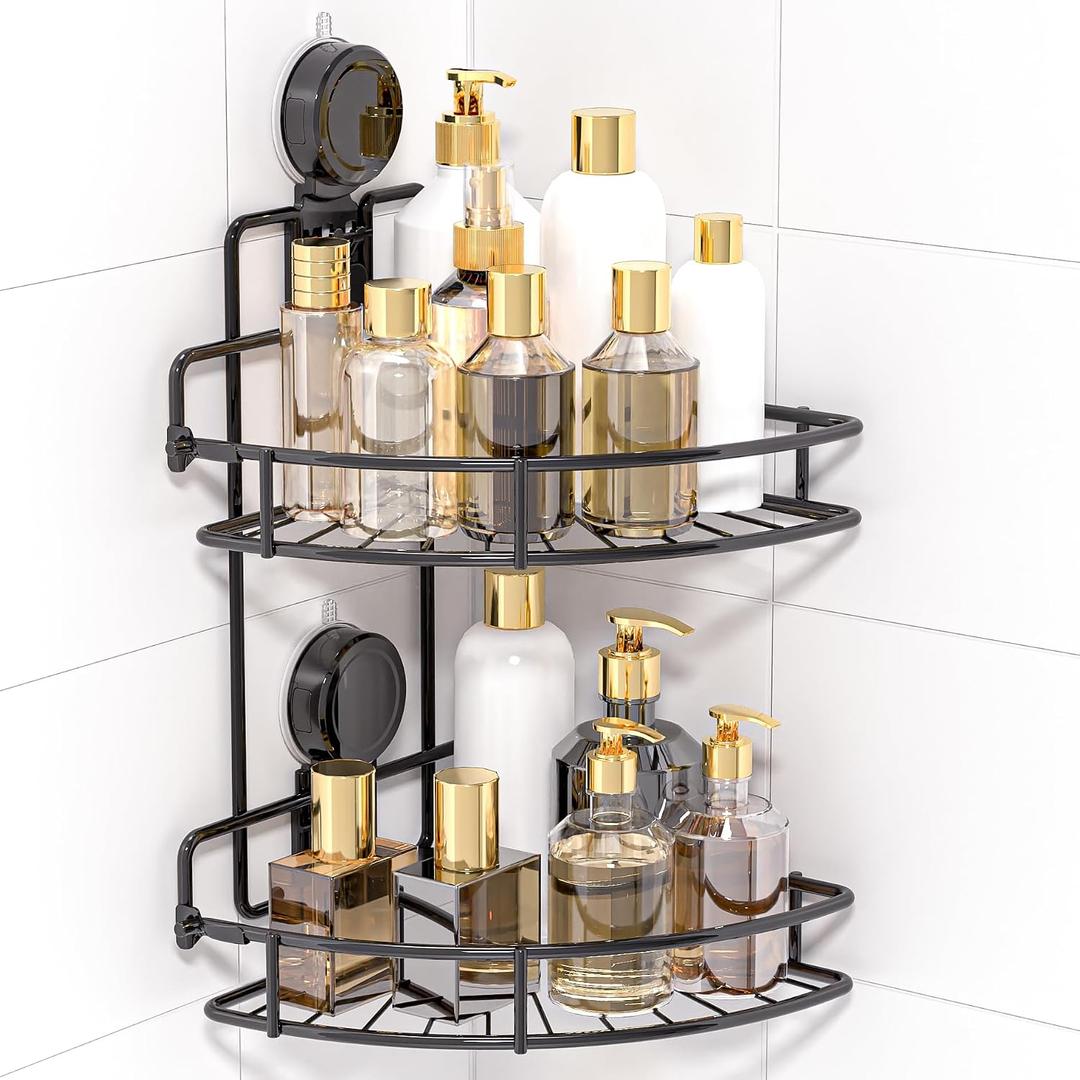 Shower Caddy Suction Cup, 2 Pack Suction Shower Shelf, NO-Drilling Bathroom Holder, Rustproof Bathroom Organizer for 90 Wall Corner, Black