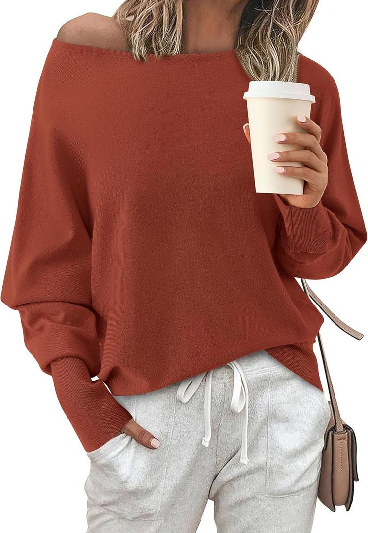 BTFBM Off Shoulder Sweaters for Women Trendy 2025 Fall Long Sleeve Casual Basic Knit Winter Oversized Pullover Sweater (S)
