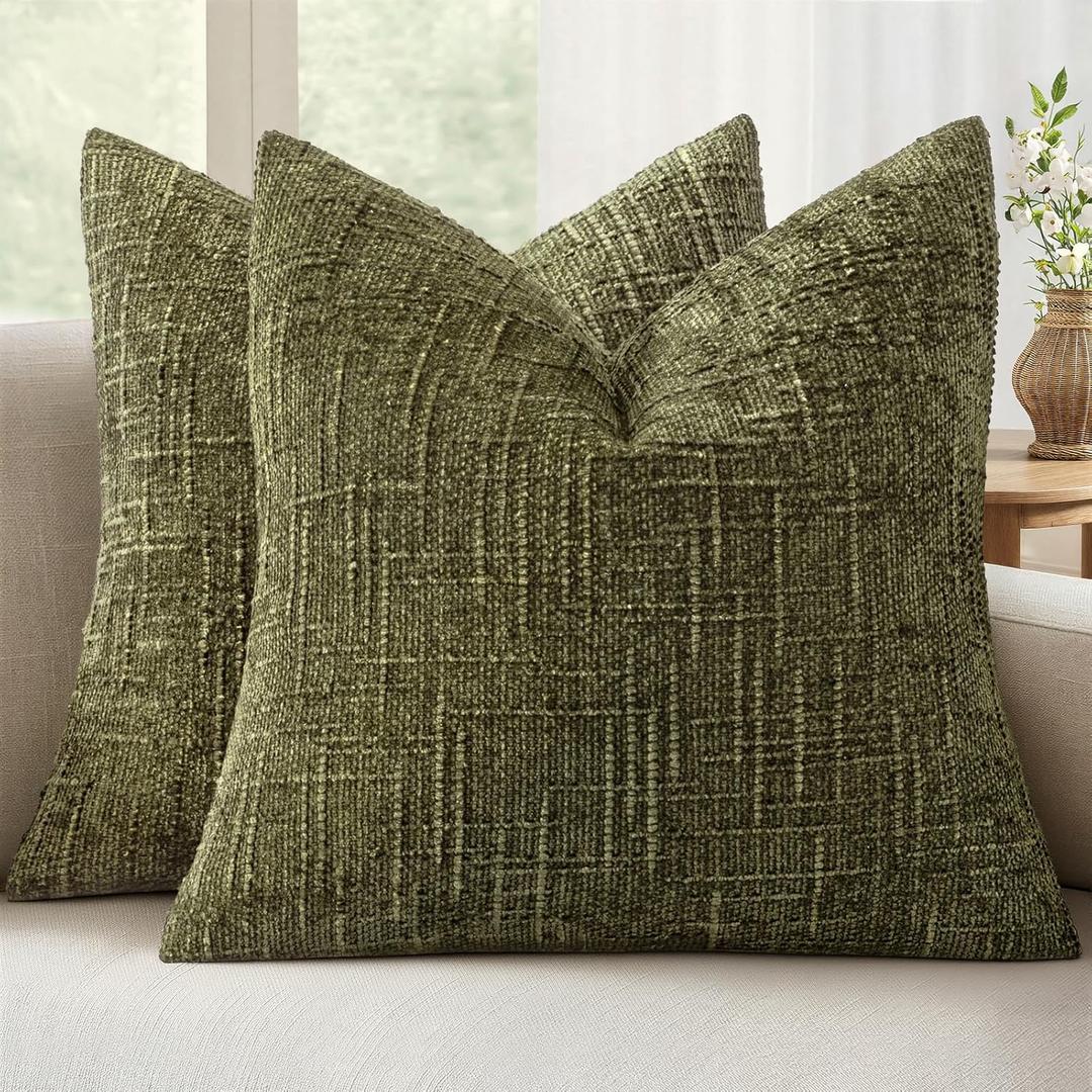 MIULEE Textured Throw Pillow Covers Thick Chenille Decorative Pillows Olive Green 20x20 Inch Set of 2 Modern Boho Farmhouse Home Decor Neutral Cushion Covers for Couch Sofa Living Room Bedroom