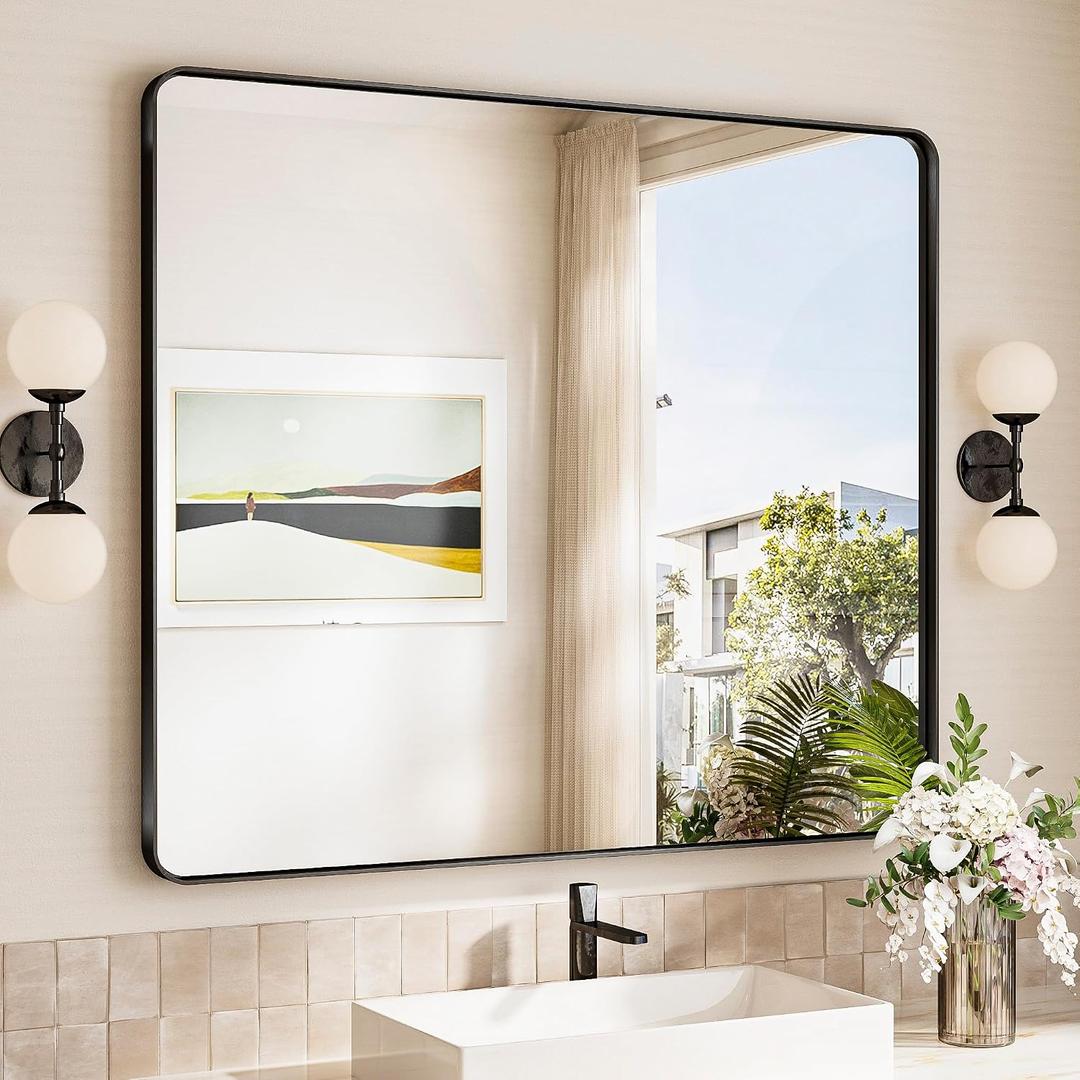TokeShimi 42x36 Black Bathroom Mirror for Over Sink,Aluminum Framed Vanity Mirror with Tempered Glass,Modern Wall Mirrors(Horizontal/Vertical),  Matte Black, 36"L x 42"W