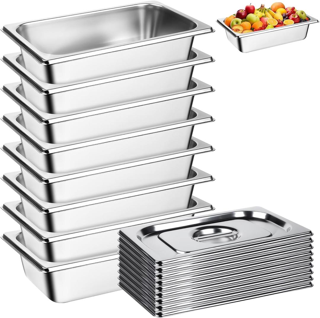8Pack Steam Table Pan Stainless Steel Hotel Pan 1/4 Commercial Food Pans, 2.55" Deep Hotel Pans with Lids Anti-Jam Stackable Steam Pans Dishwasher & Oven Safe, for Catering Buffet Commercial Use