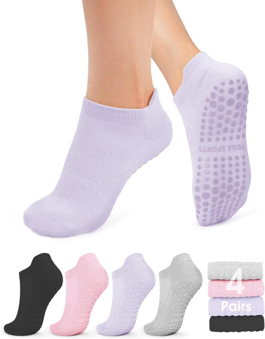 yeuG Pilates Socks for Women Non Slip Grip Socks for Yoga, Barre, Hospital, Barefoot Grippy Yoga Sock Womens Gifts 4 Pairs